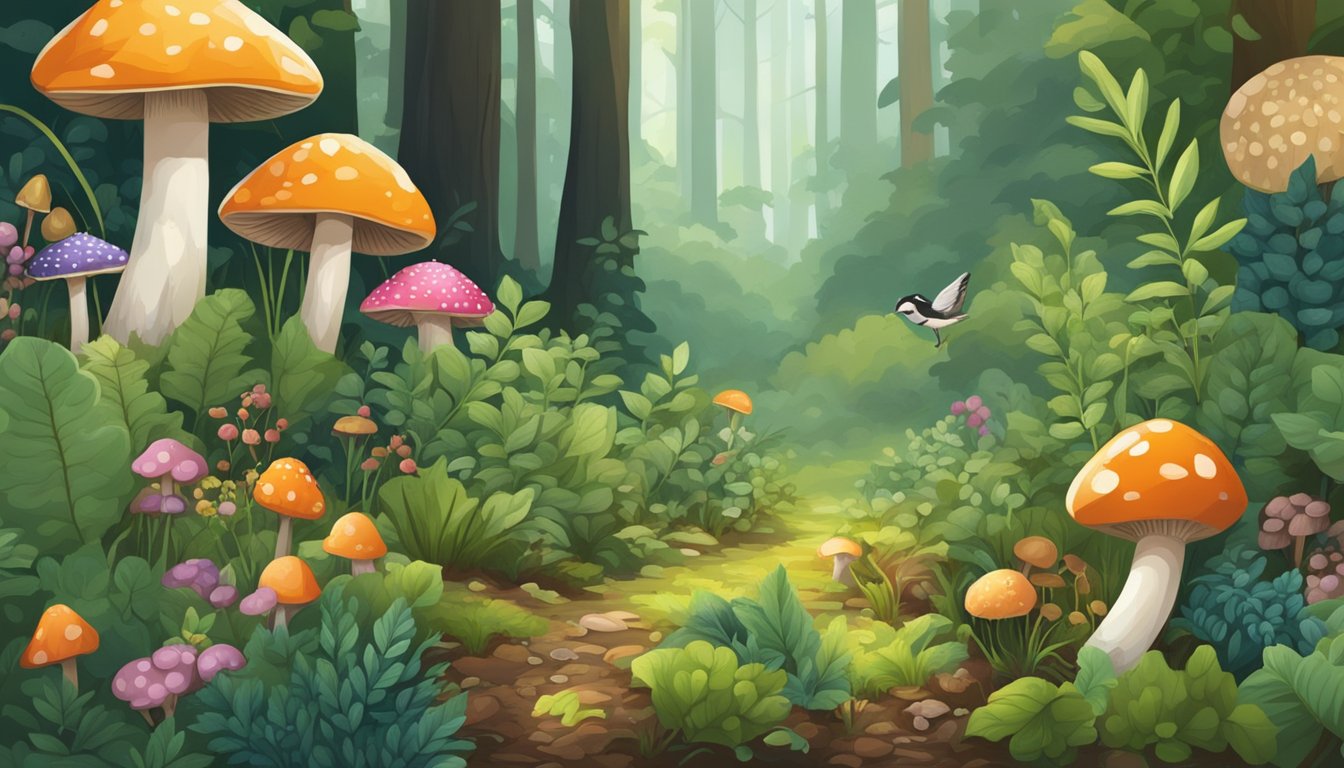 A lush forest floor with wild berries, mushrooms, and herbs growing among small animals and birds foraging for food