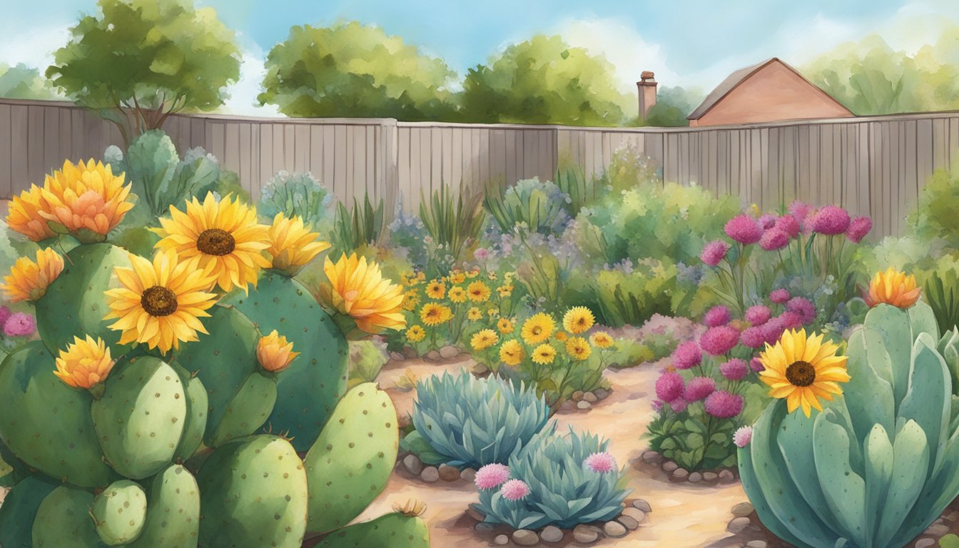 A sunny backyard garden filled with colorful native plants like prickly pear cactus, wild onions, and sunflowers, with a small sign labeling each species