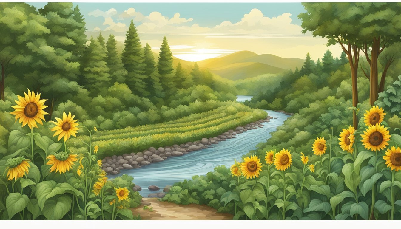 A lush forest with diverse native edible plants, including corn, beans, squash, and sunflowers, surrounded by rolling hills and a flowing river