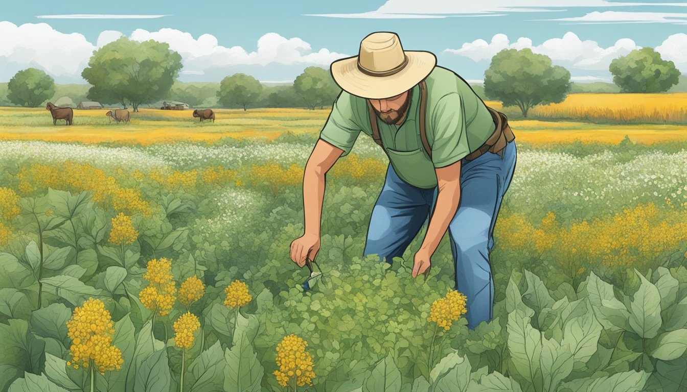 A field of native edible plants in the southern plains, with a landowner managing and harvesting resources