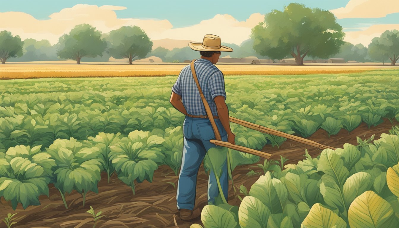 A farmer tending to rows of native edible plants intermixed with traditional crops in a sun-drenched southern plains field