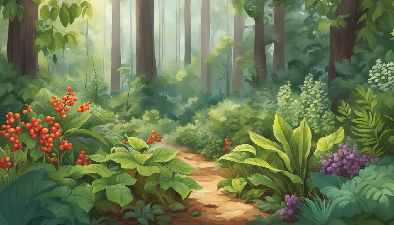 A lush forest floor with a variety of edible native plants, including berries, herbs, and vegetables, growing in the warm, sunny climate of the south central region