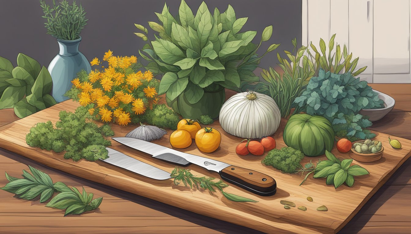 A colorful array of native plants arranged on a wooden cutting board, with a chef's knife nearby