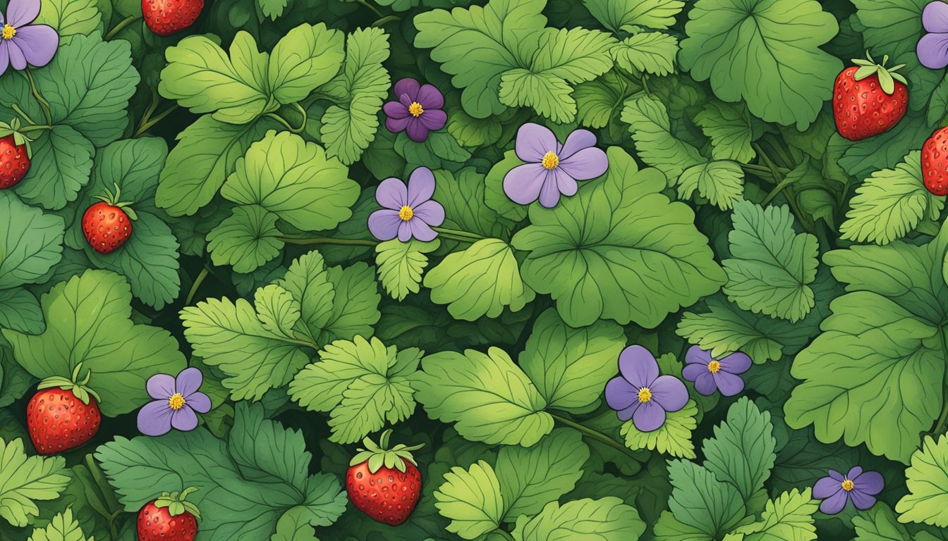 Lush green groundcover of native Ozarks plants, including wild strawberries and violets, spread across the forest floor