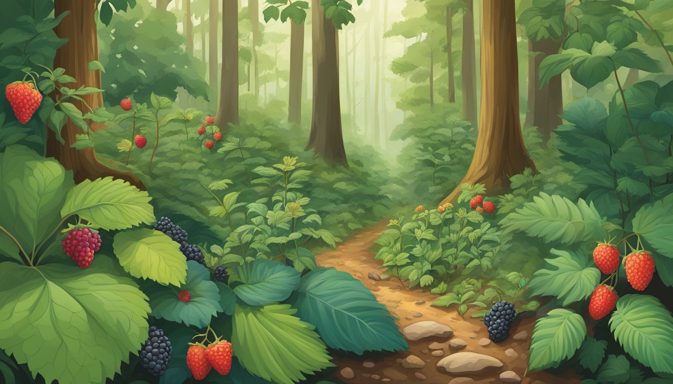 A lush forest floor with a variety of native Ozarks edible plants, including pawpaw trees, blackberries, and wild strawberries, surrounded by diverse wildlife