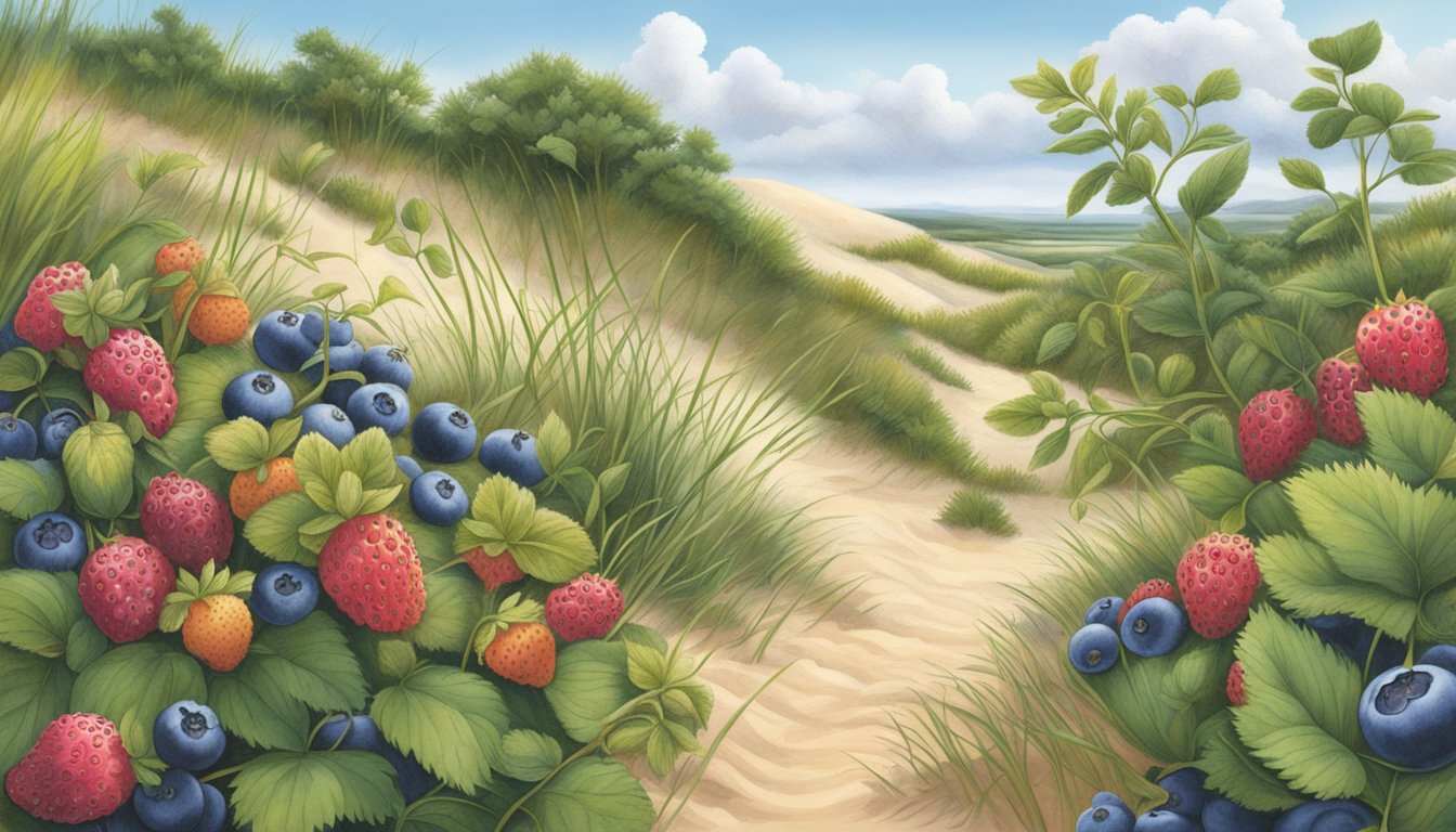 A variety of native edible plants, such as blueberries and wild strawberries, grow among the rolling sand dunes of the vibrant sandhills ecosystem