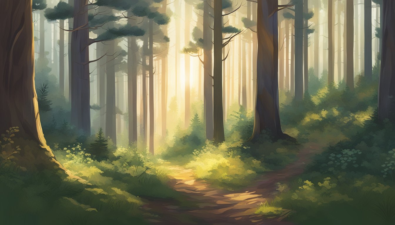 Sunlight filters through tall pine trees as a figure gathers wild berries and herbs in a lush forest clearing