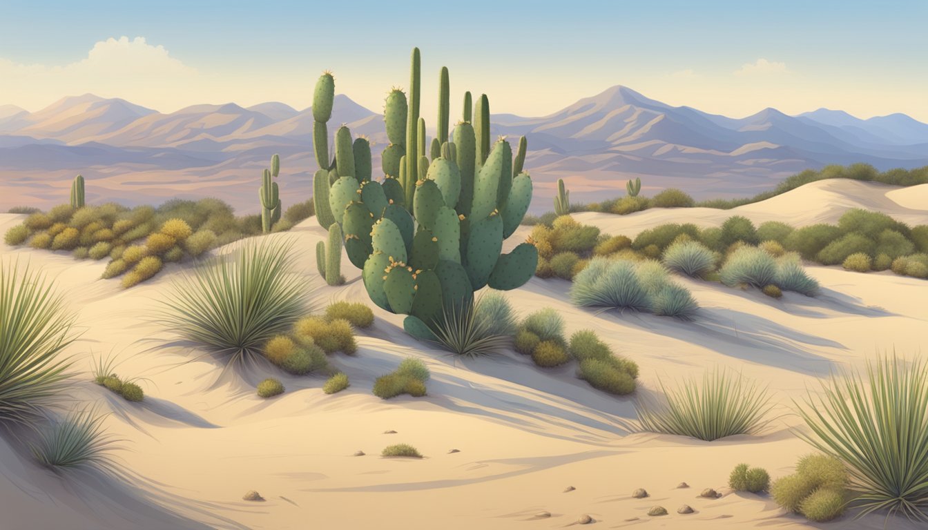 A sandy landscape with various native edible plants like prickly pear cactus, yucca, and wild berries growing among the sand dunes