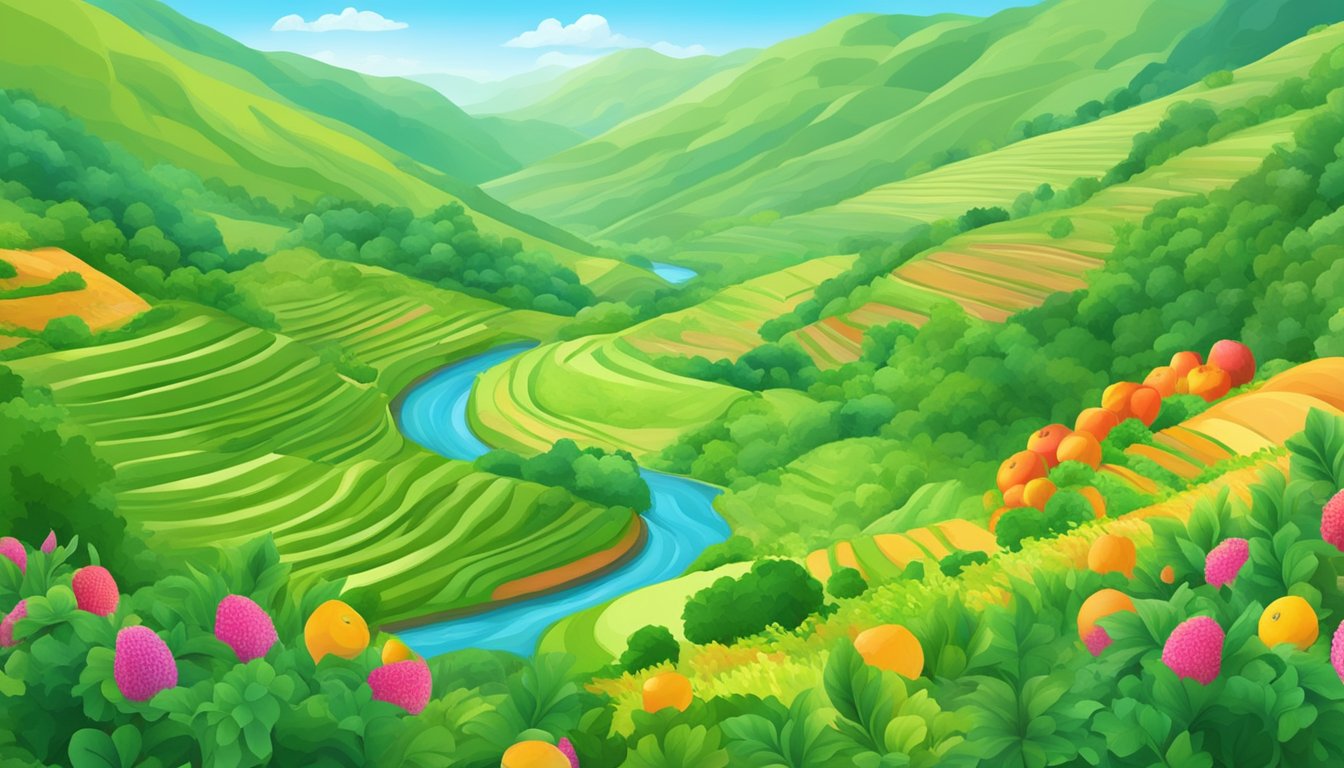 Lush green valley with colorful fruits and seed-bearing plants