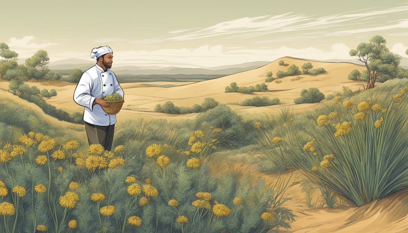 A chef gathering wild edible plants in a sandhills landscape for culinary use