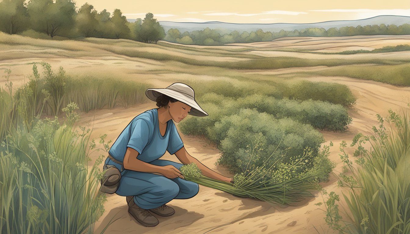 A person using sustainable harvesting practices to gather sandhills native edible plants in a natural setting