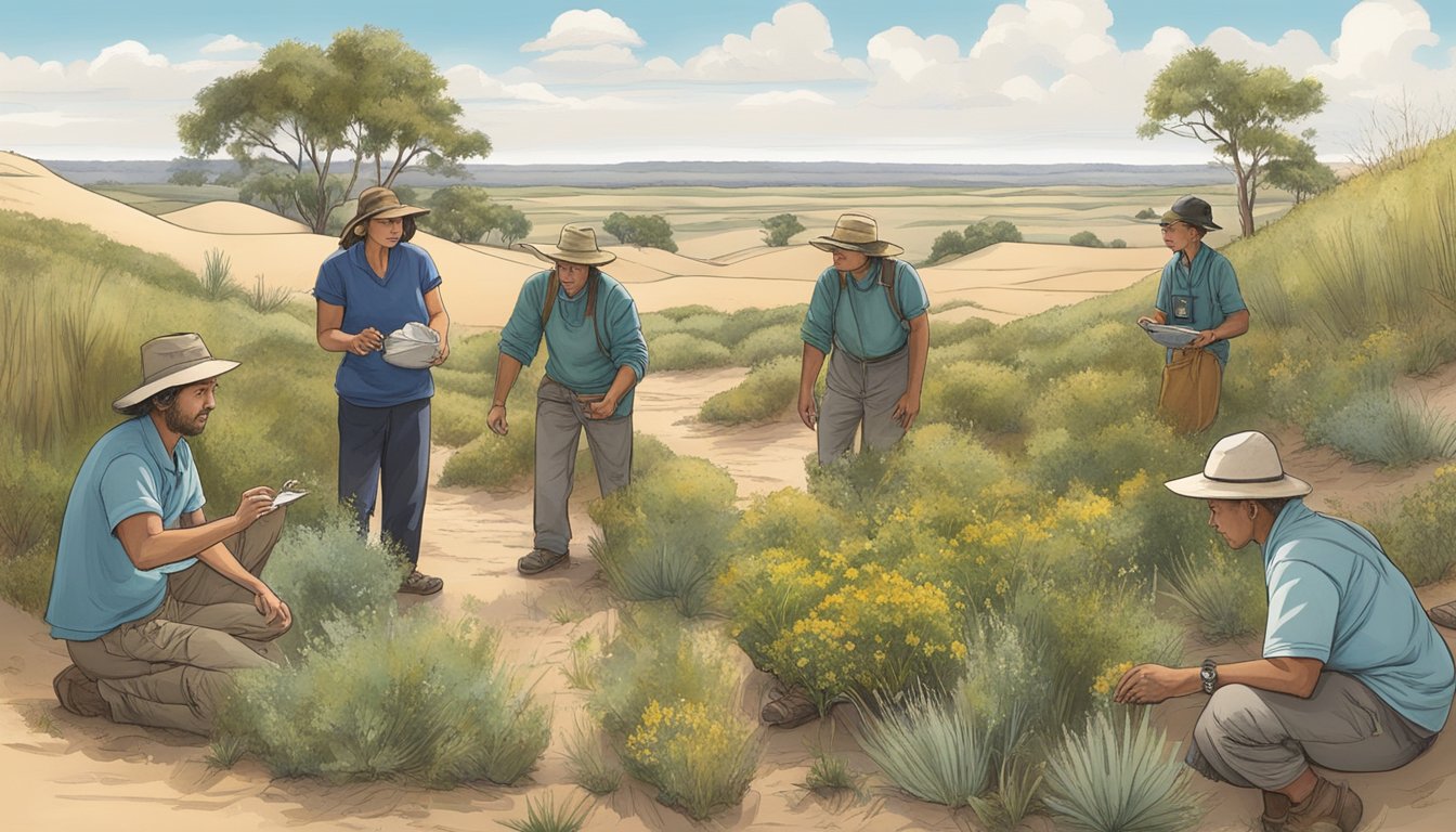 A group of people gather in a sandhills landscape, identifying and collecting native edible plants while discussing their uses and benefits