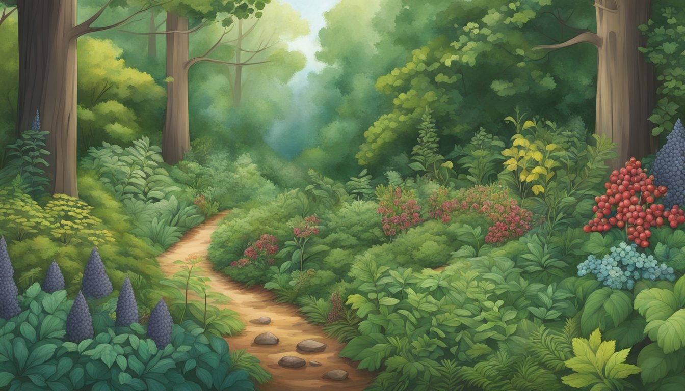 A lush forest with a variety of native plants, including berries, greens, and roots, each corresponding to the different seasons throughout the year