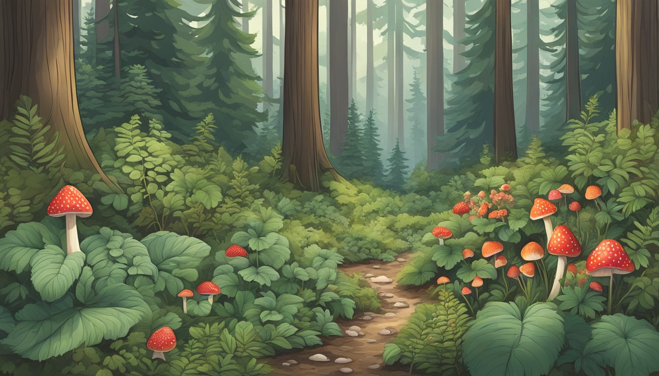 A lush forest floor with a variety of native plants, including huckleberries, wild strawberries, and edible mushrooms, surrounded by towering pine trees