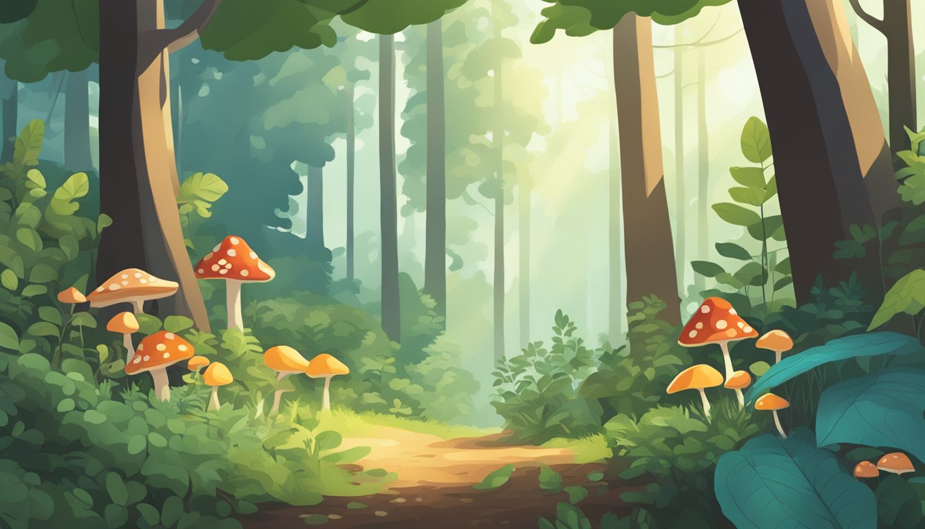 Lush forest floor with wild berries, mushrooms, and leafy greens. Tall trees and clear skies in the background