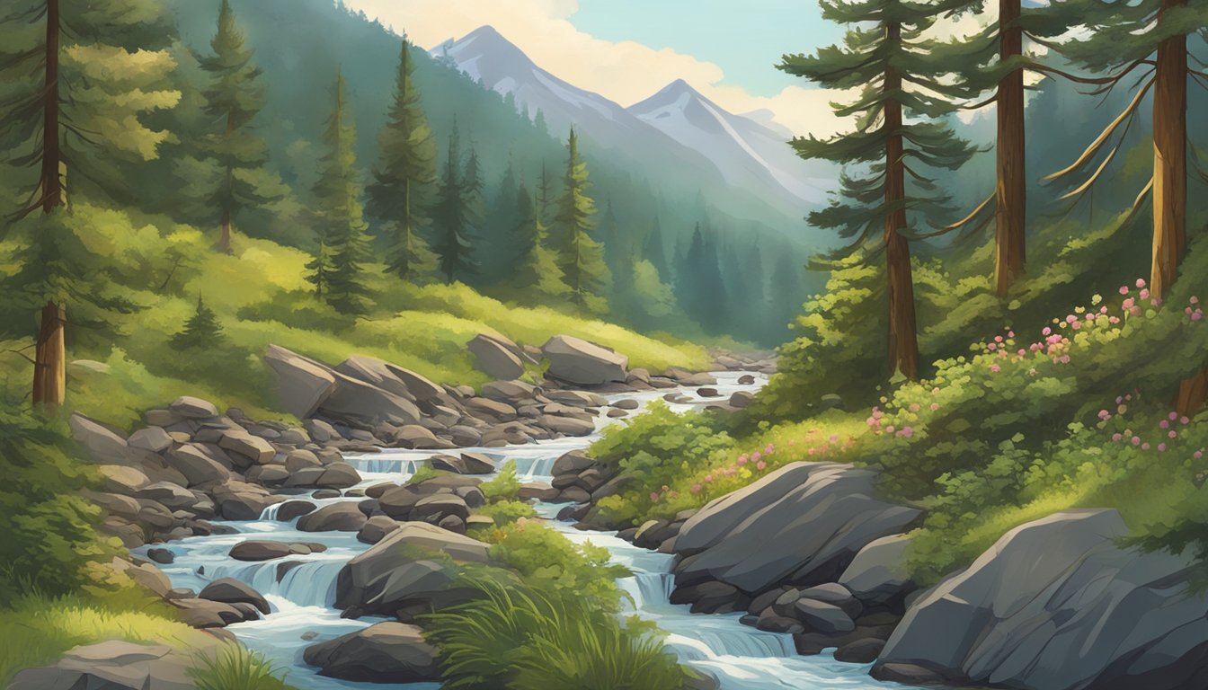 A lush mountainside filled with wild berries, roots, and herbs, surrounded by towering pine trees and a clear, flowing stream