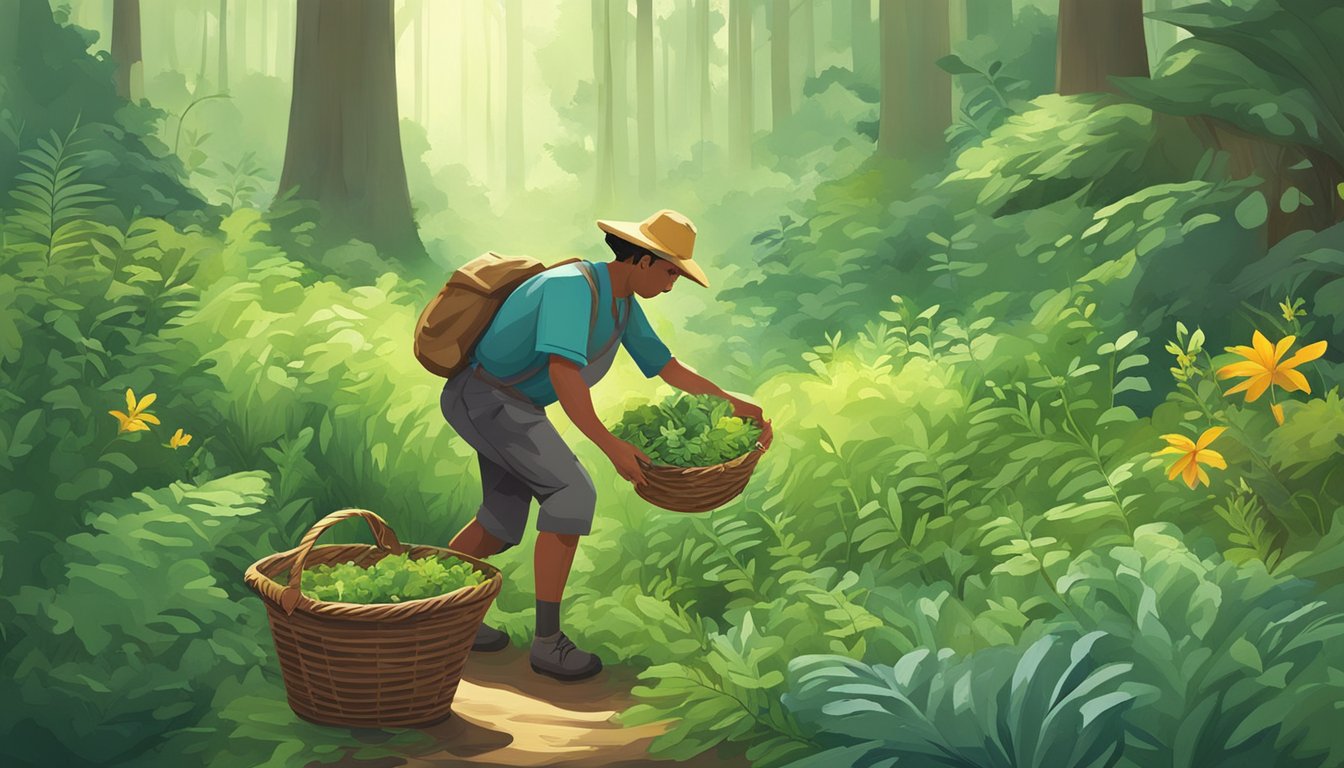 A figure carefully gathers wild plants in a lush forest, using a basket to collect a variety of edible greens