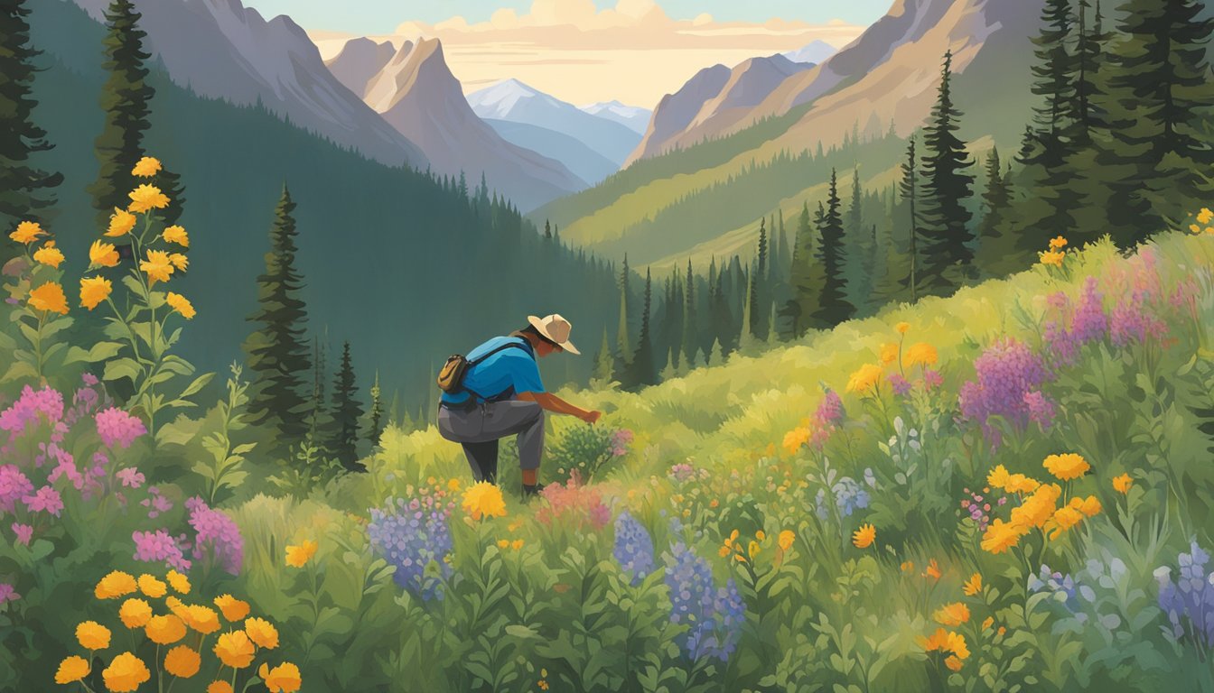 A person carefully gathering native edible plants in the northern Rockies, surrounded by lush greenery and vibrant wildflowers