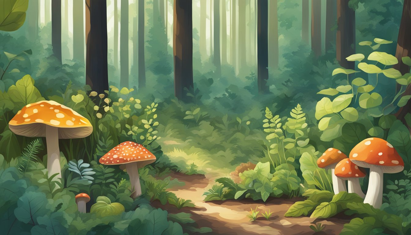 A forest floor with a variety of wild edible plants such as berries, mushrooms, and leafy greens, set against a backdrop of tall trees and dappled sunlight