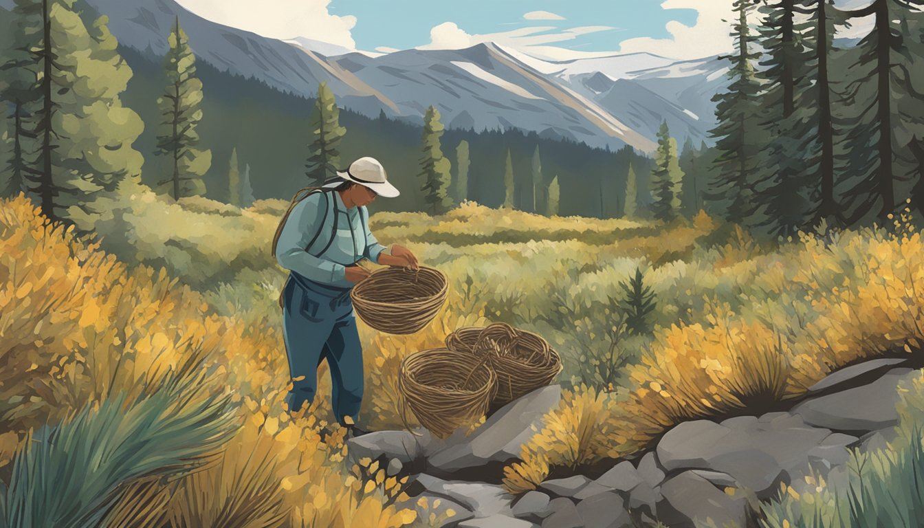 A person gathering and drying wild plants in the northern Rockies