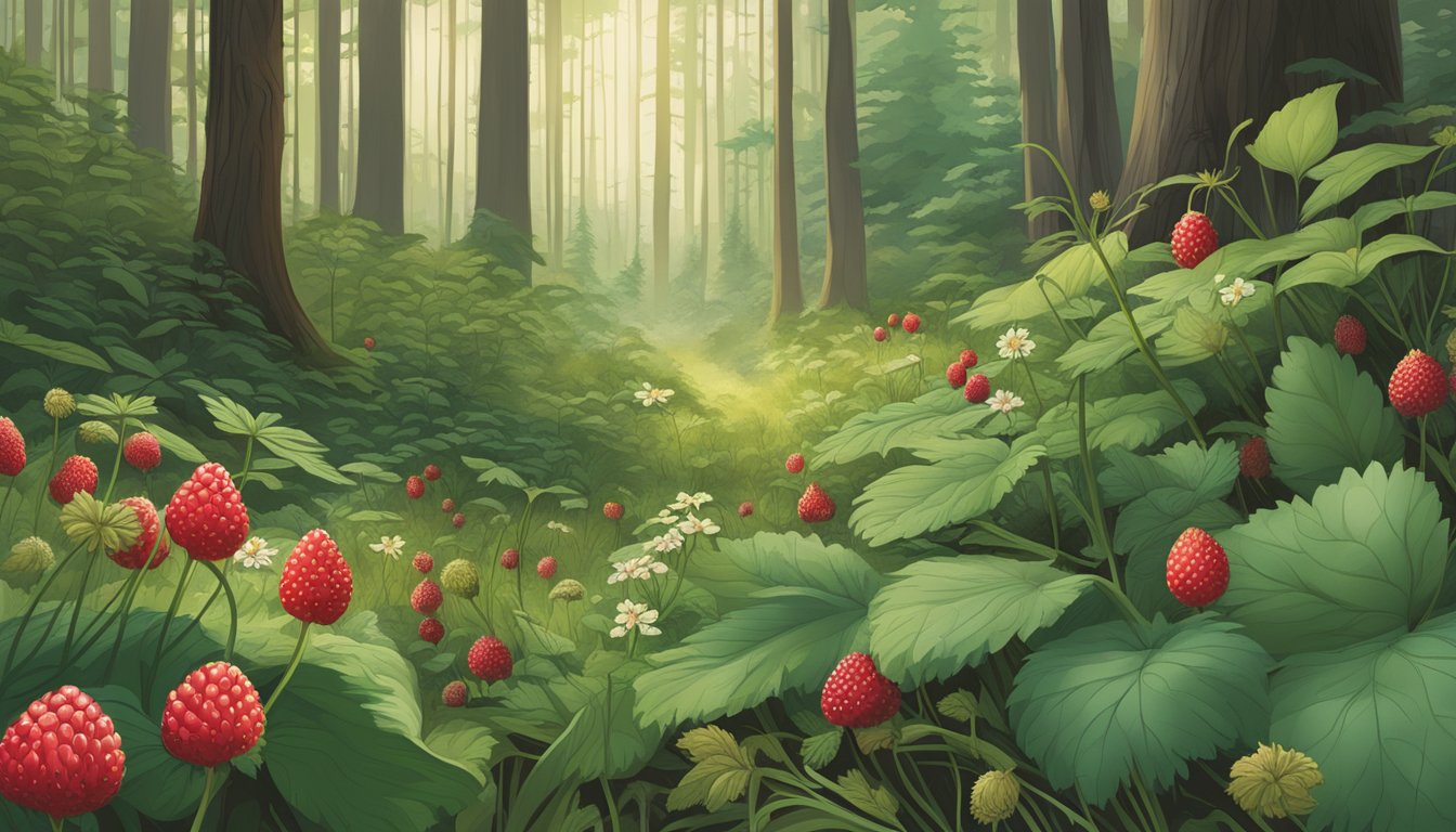 A lush forest floor with wild strawberries, ramps, and elderberries growing among the tall trees and native grasses of the upper midwest