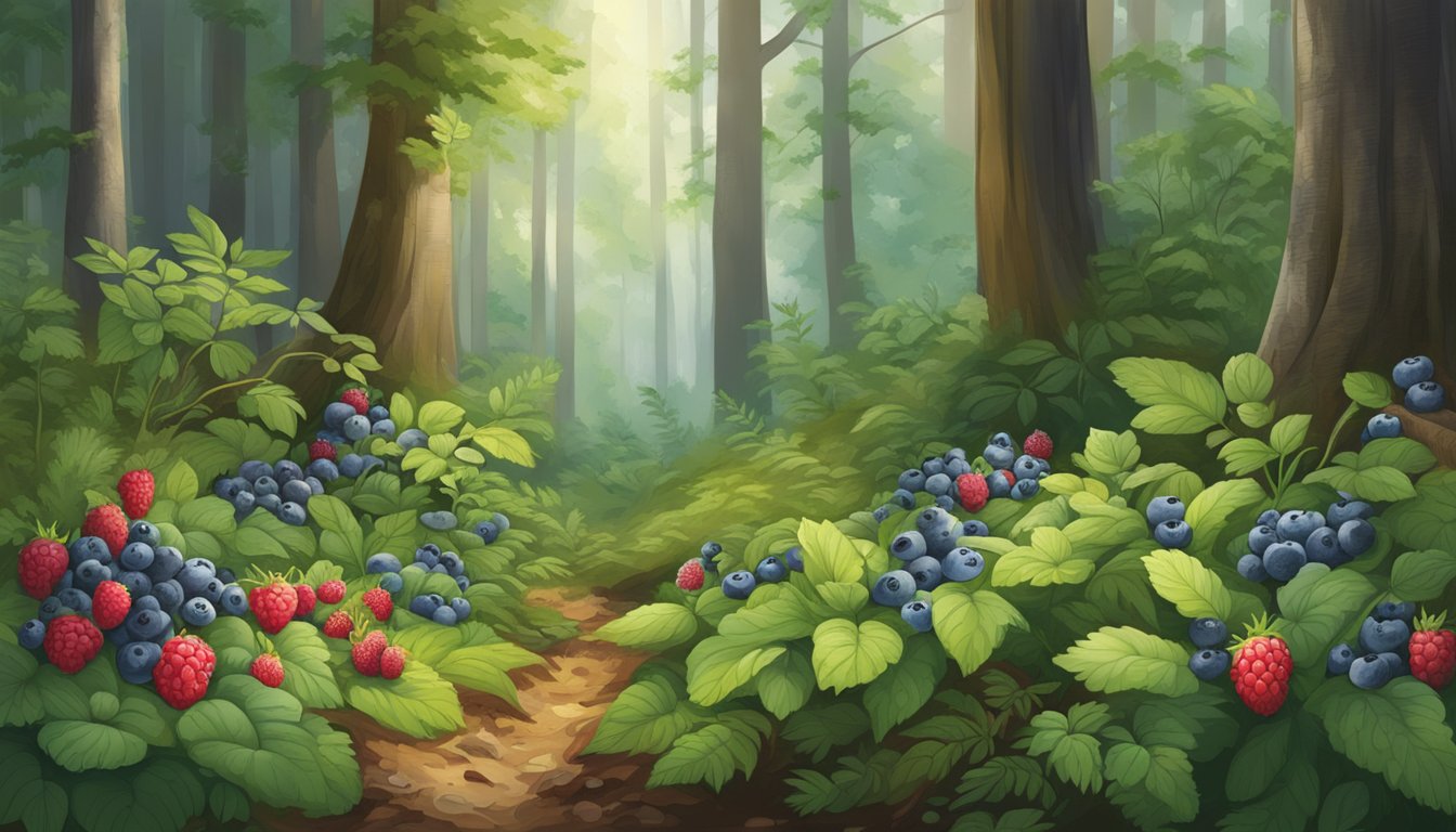 A lush forest floor with a variety of native edible plants such as blueberries, raspberries, and wild strawberries growing among the trees and underbrush