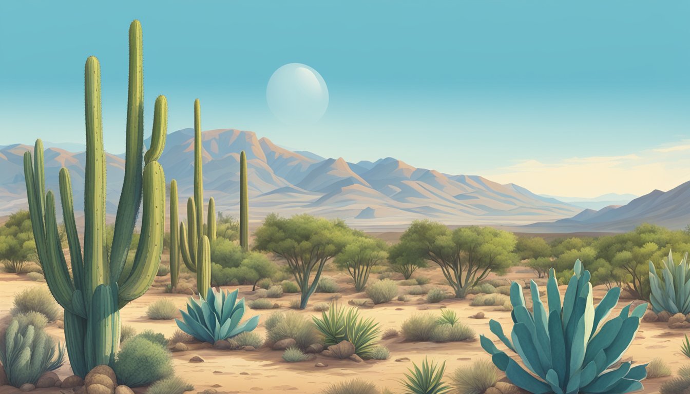 A desert landscape with prickly pear cacti, mesquite trees, and agave plants. A clear blue sky and a mountain range in the distance