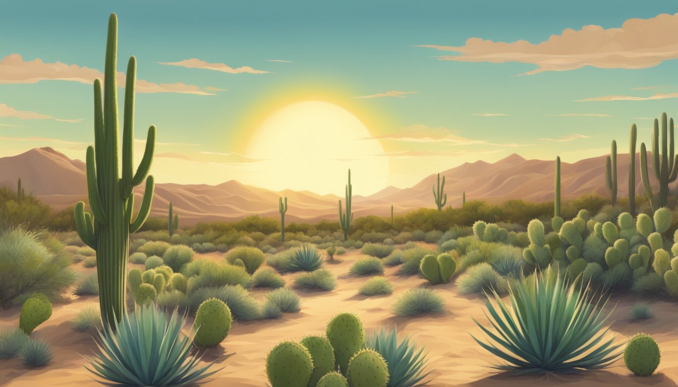 A desert landscape with prickly pear cacti, agave plants, and mesquite trees under a bright sun