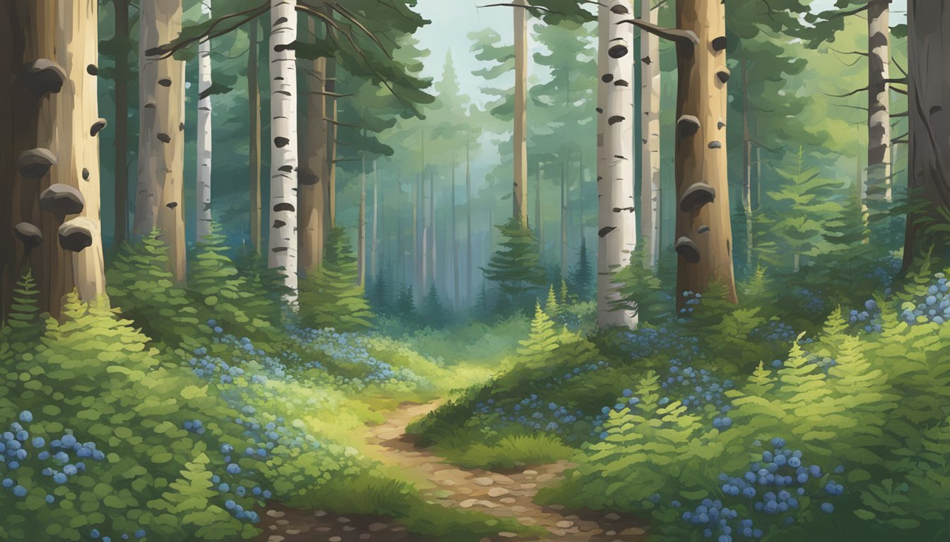 A lush forest floor filled with vibrant wild blueberries, ferns, and mushrooms, surrounded by towering pine and birch trees