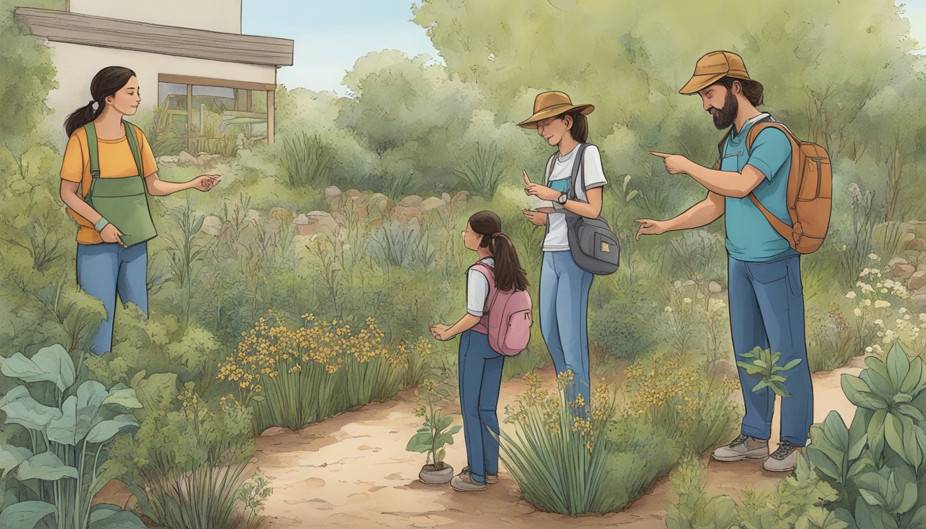 A group of people gather around a knowledgeable guide, pointing at various native plants. A sign nearby reads "Southwest Native Edible Plants."