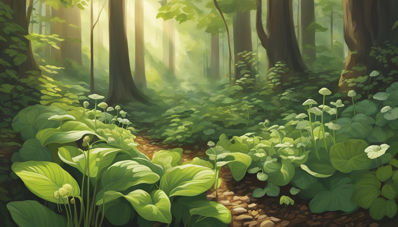 A forest floor covered in wild edible plants, including ramps, fiddleheads, and wild strawberries. Sunlight filters through the trees, casting dappled shadows on the vibrant green foliage