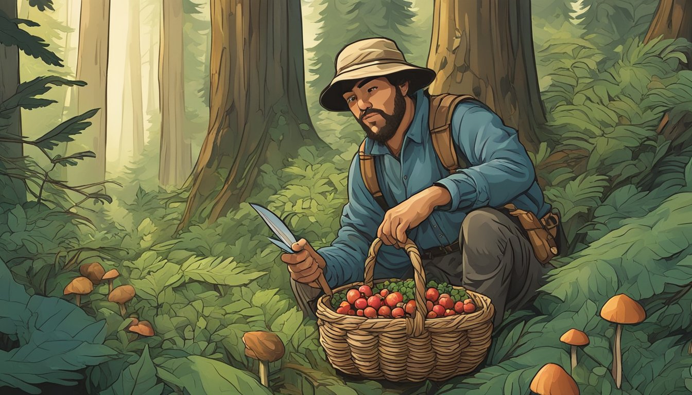 A figure using a basket and knife to gather berries and mushrooms in a lush Pacific Northwest forest