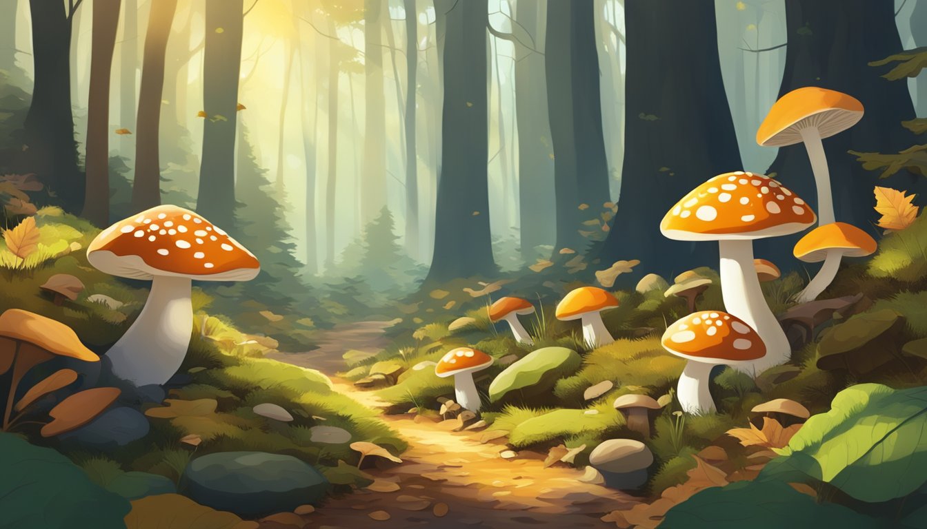 A forest floor with various types of mushrooms growing among fallen leaves and moss. Sunlight filters through the trees, casting dappled shadows on the ground