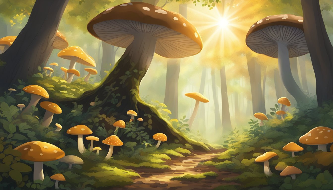 Sunlight filters through dense forest canopy, illuminating a carpet of fallen leaves. A variety of mushrooms sprout from the damp earth, nestled among the roots of towering trees