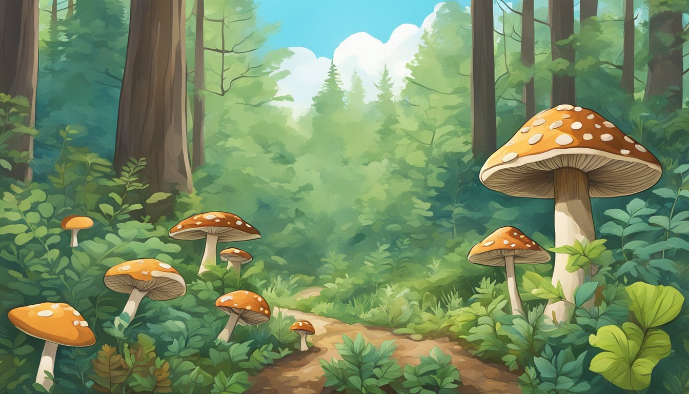 A lush forest floor with wild berries, mushrooms, and herbs surrounded by towering trees and a clear blue sky above