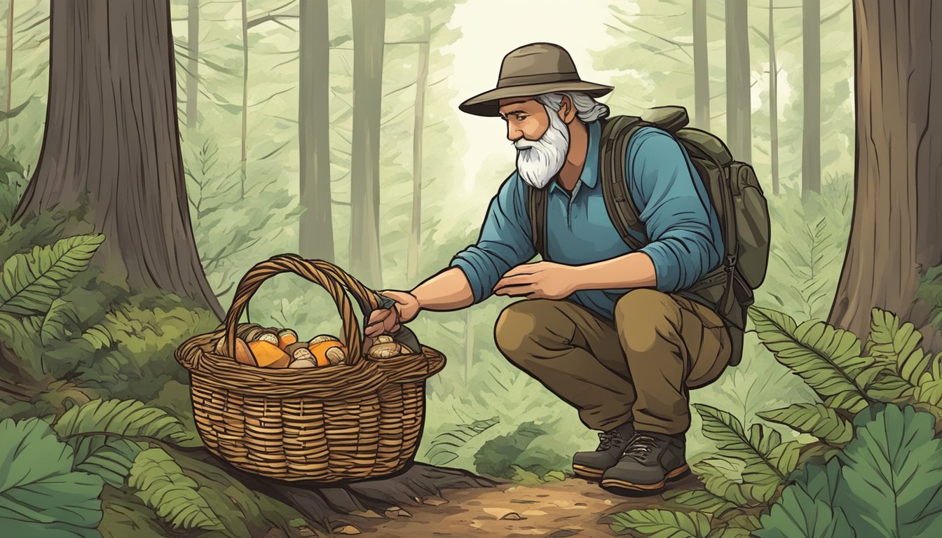 A person gathers a basket, knife, and guidebook before heading into the Appalachian forest to hunt for mushrooms