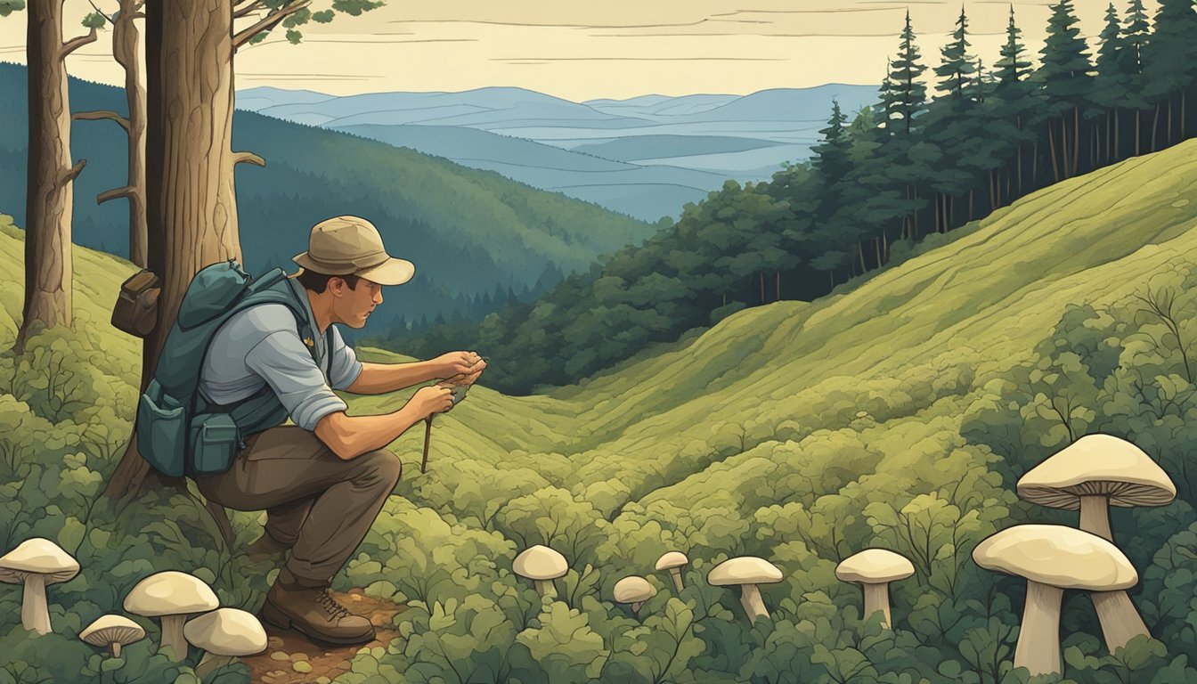 A figure in a forest, gathering wild mushrooms amid the rolling hills of the Appalachian region