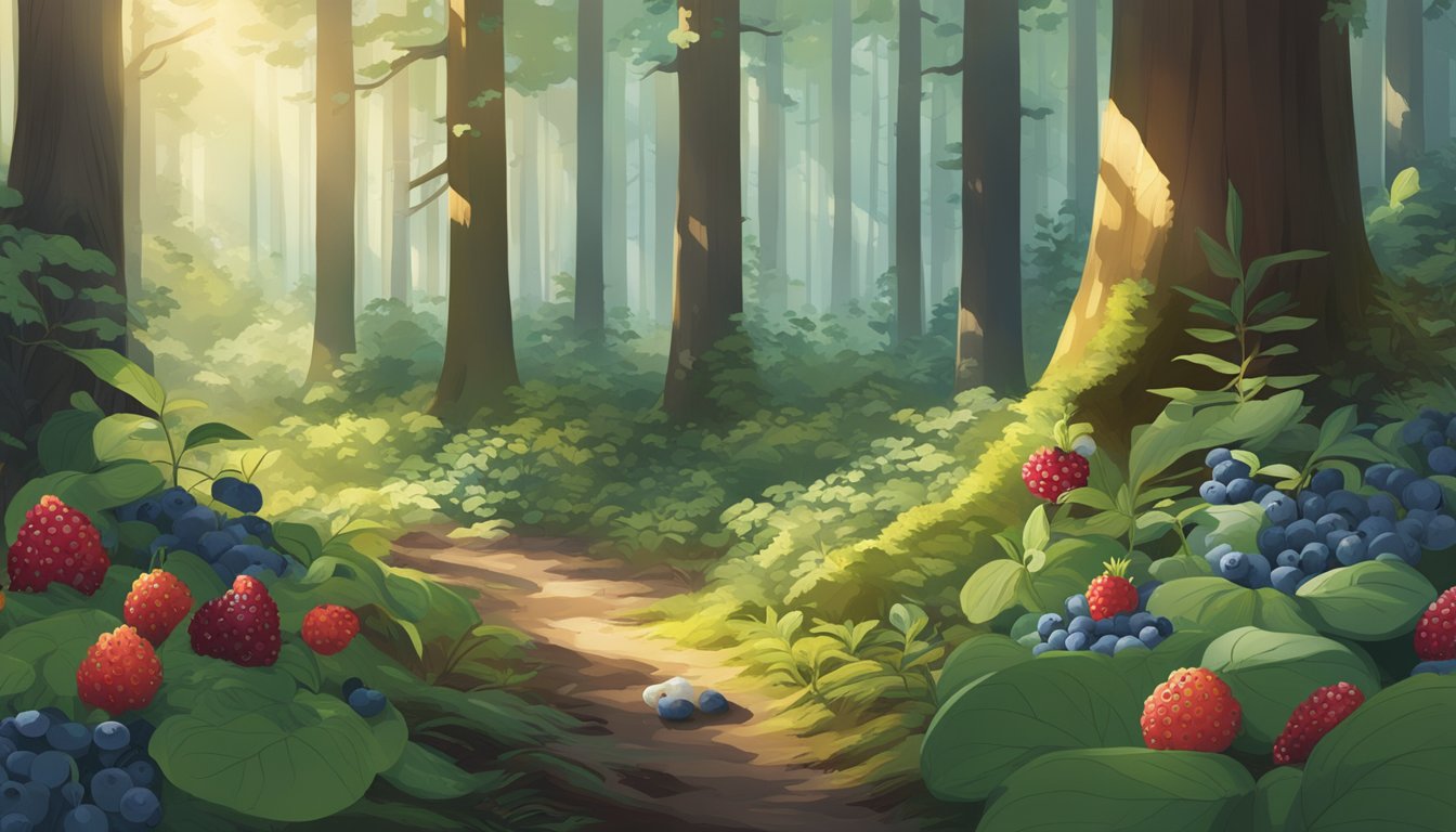 A lush forest floor with a variety of native edible plants, including blueberries, cranberries, and wild strawberries, surrounded by tall trees and dappled sunlight