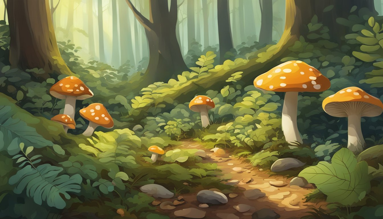 Lush forest floor with diverse foliage, dappled sunlight, and various types of mushrooms growing among fallen leaves and moss