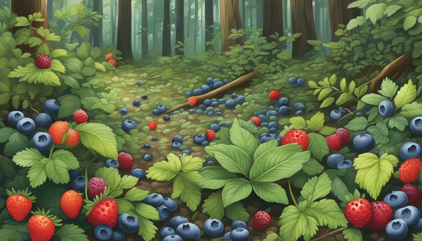 A lush forest floor with various native edible plants such as blueberries, cranberries, and wild strawberries scattered among the underbrush