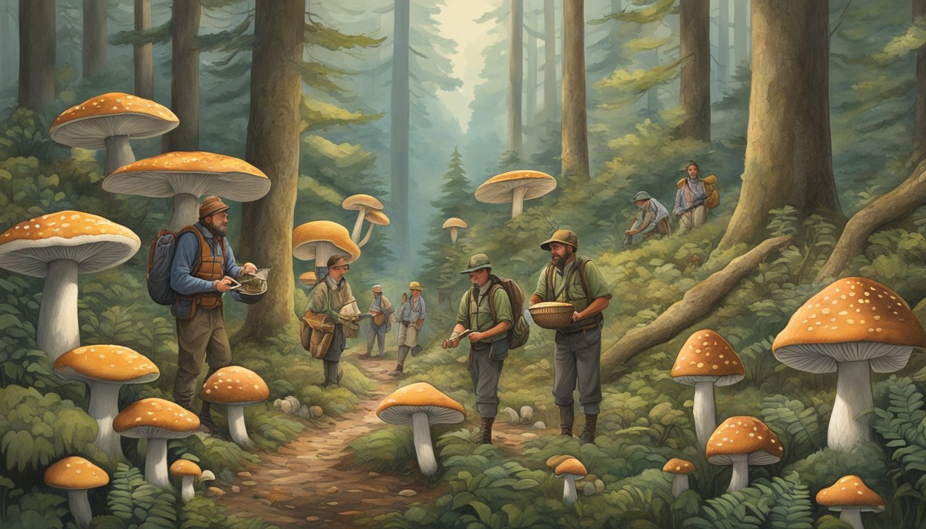 A group of mushroom hunters gather in the Appalachian forest, their baskets filled with various fungi. Local wildlife and plant life surround them, showcasing the impact of their foraging on the local ecosystem