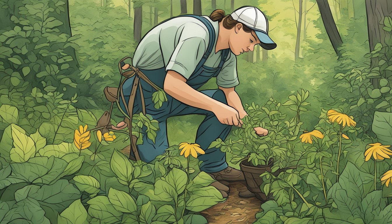 A person carefully gathers wild edible plants from a lush New England forest, using sustainable harvesting techniques to ensure the continued growth and availability of these native species