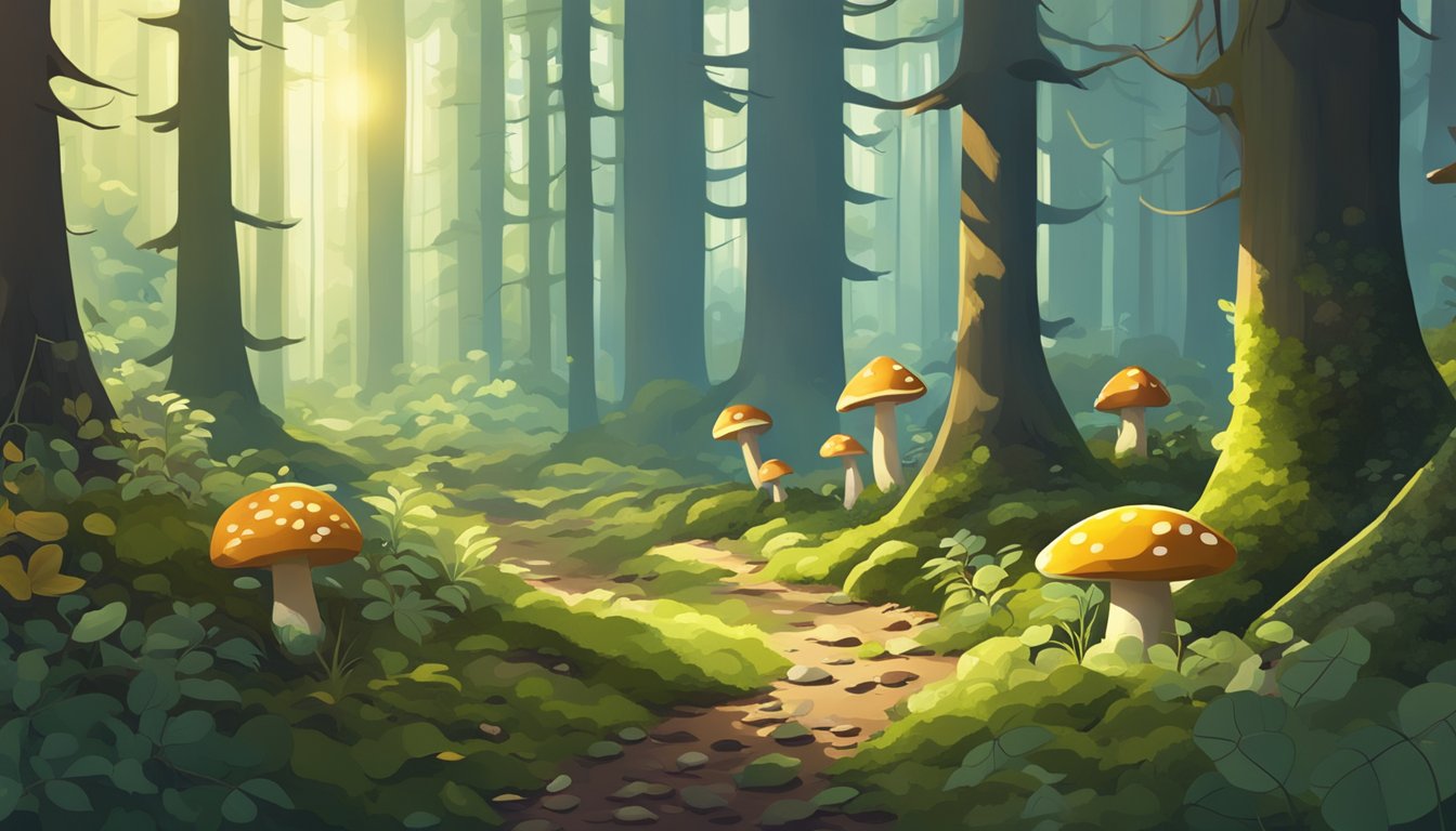 Sunlight filters through dense forest, illuminating a lush carpet of moss and fallen leaves. Mushrooms of various shapes and sizes dot the forest floor, waiting to be discovered