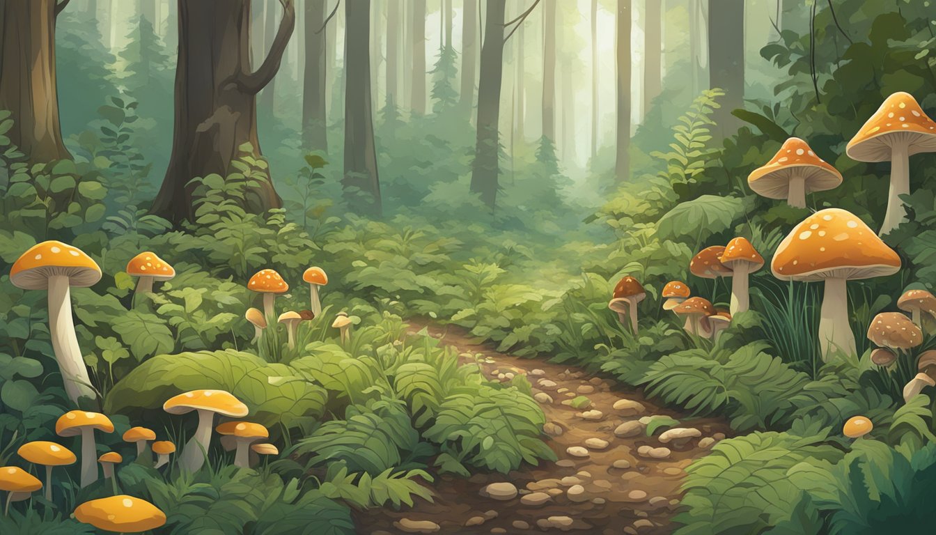 A lush forest floor on the Allegheny Plateau, dotted with various types of mushrooms in different shapes, sizes, and colors