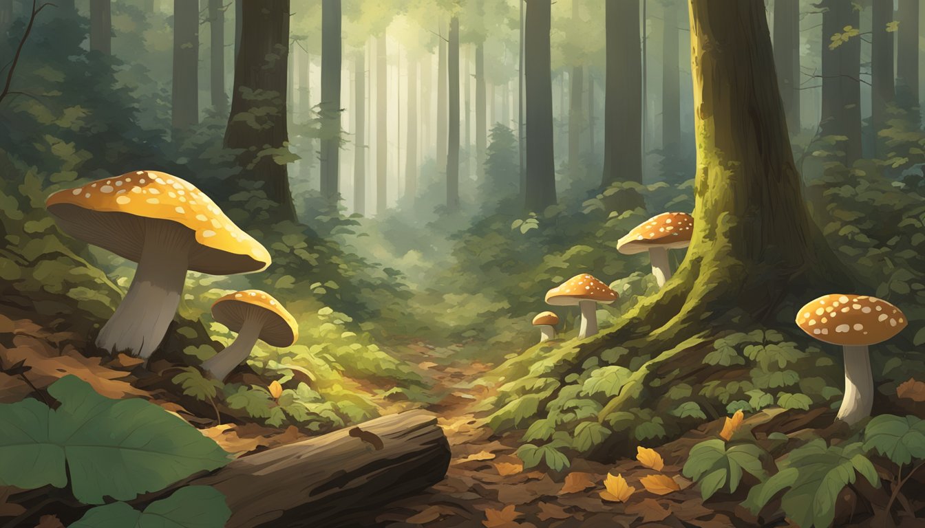 A dense forest floor in the Central Appalachian Region, with scattered patches of sunlight filtering through the canopy. Various types of mushrooms can be seen growing among the fallen leaves and decaying wood