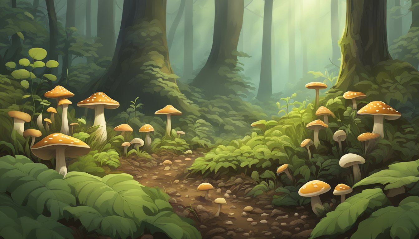 A lush forest floor in the central Appalachian region, with various types of mushrooms sprouting from the damp earth