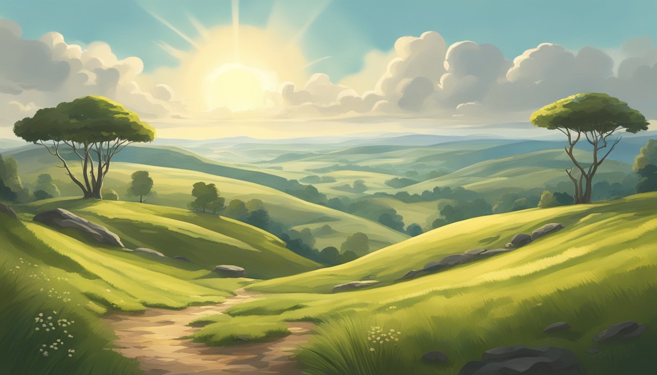 Rolling hills and grassy plains stretch into the distance. Sunlight filters through the clouds, casting shadows on the earth. Wild mushrooms dot the landscape, waiting to be discovered