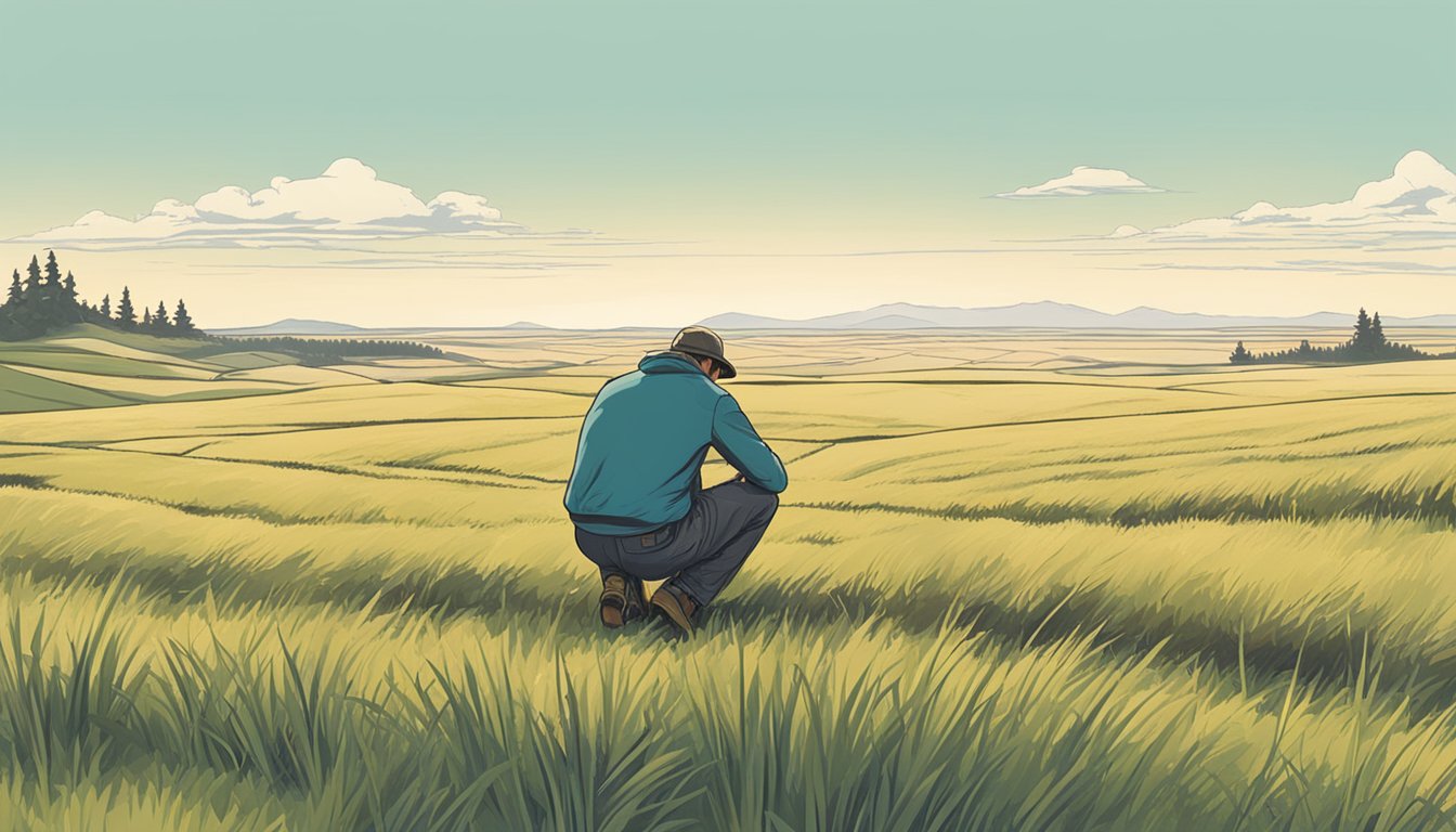 A person crouches in a grassy field, carefully examining the ground for mushrooms. The vast expanse of the great plains stretches out in the background