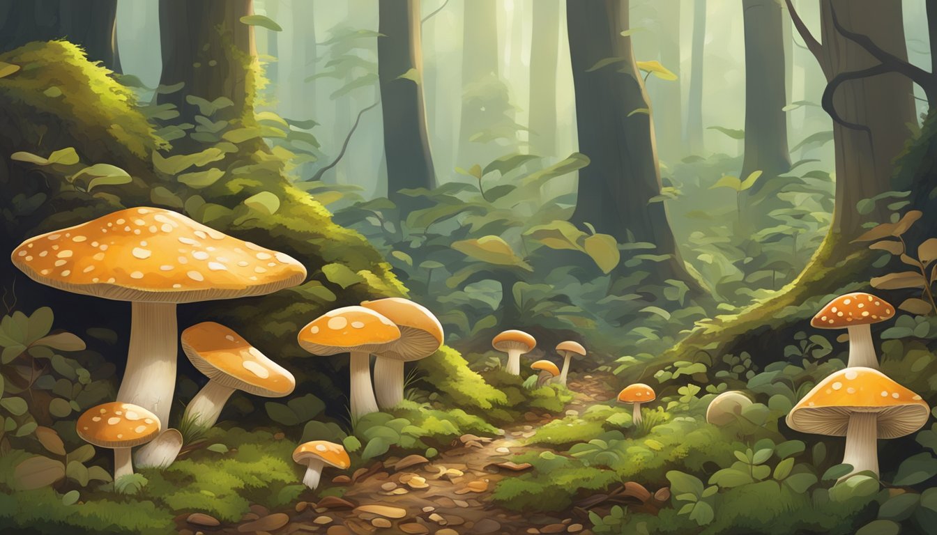 A lush forest floor with diverse mushrooms growing among fallen leaves and moss. The Allegheny Plateau region provides a rich habitat for sustainable mushroom foraging