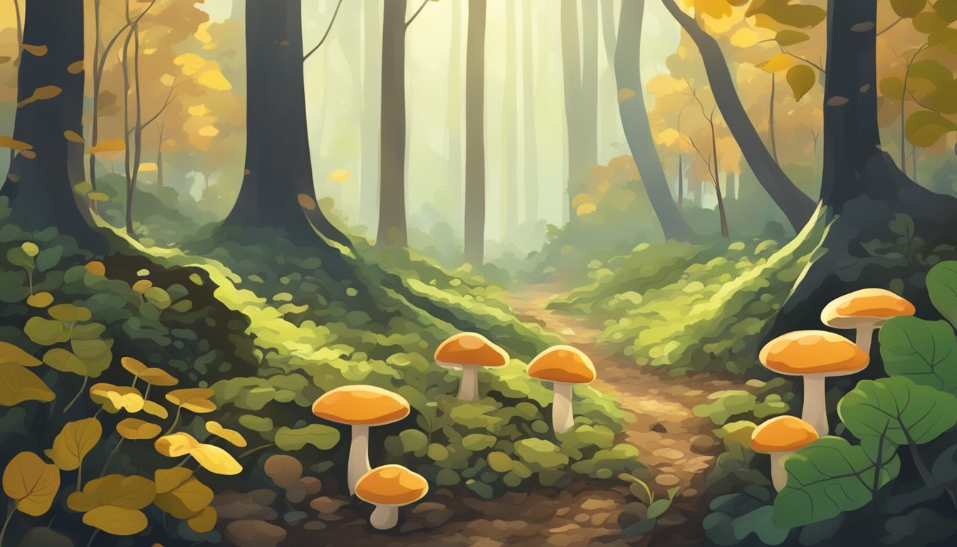 Lush forest floor with dappled sunlight, fallen leaves, and damp soil. Various types of mushrooms sprouting in clusters and solitary growth